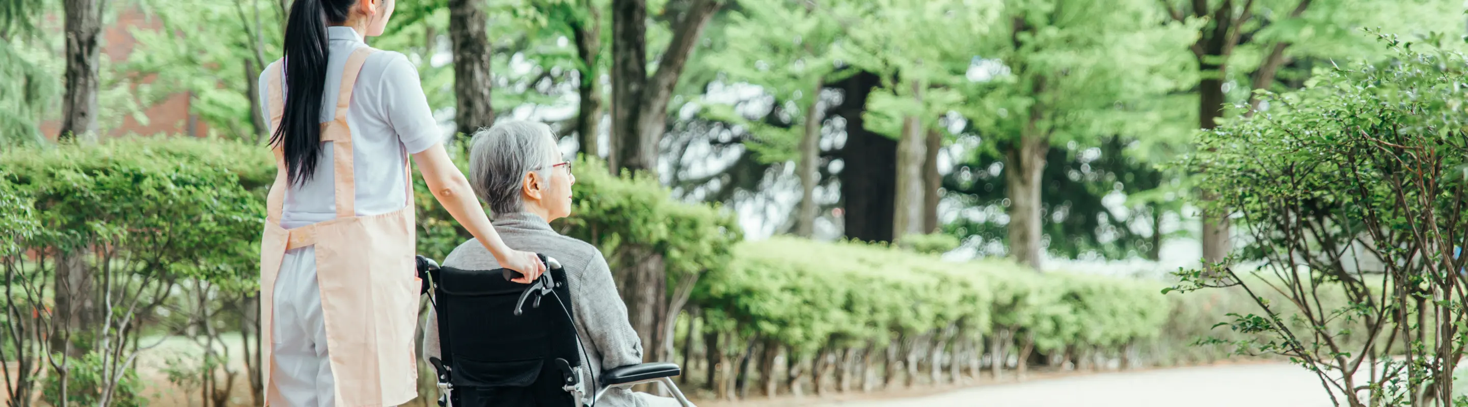 女性が車椅子を押している